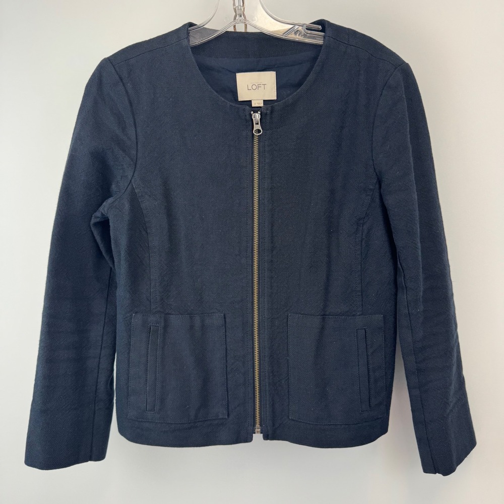 LOFT Jacket Women 2 Navy Linen Blend Zip Front Lightweight Workwear